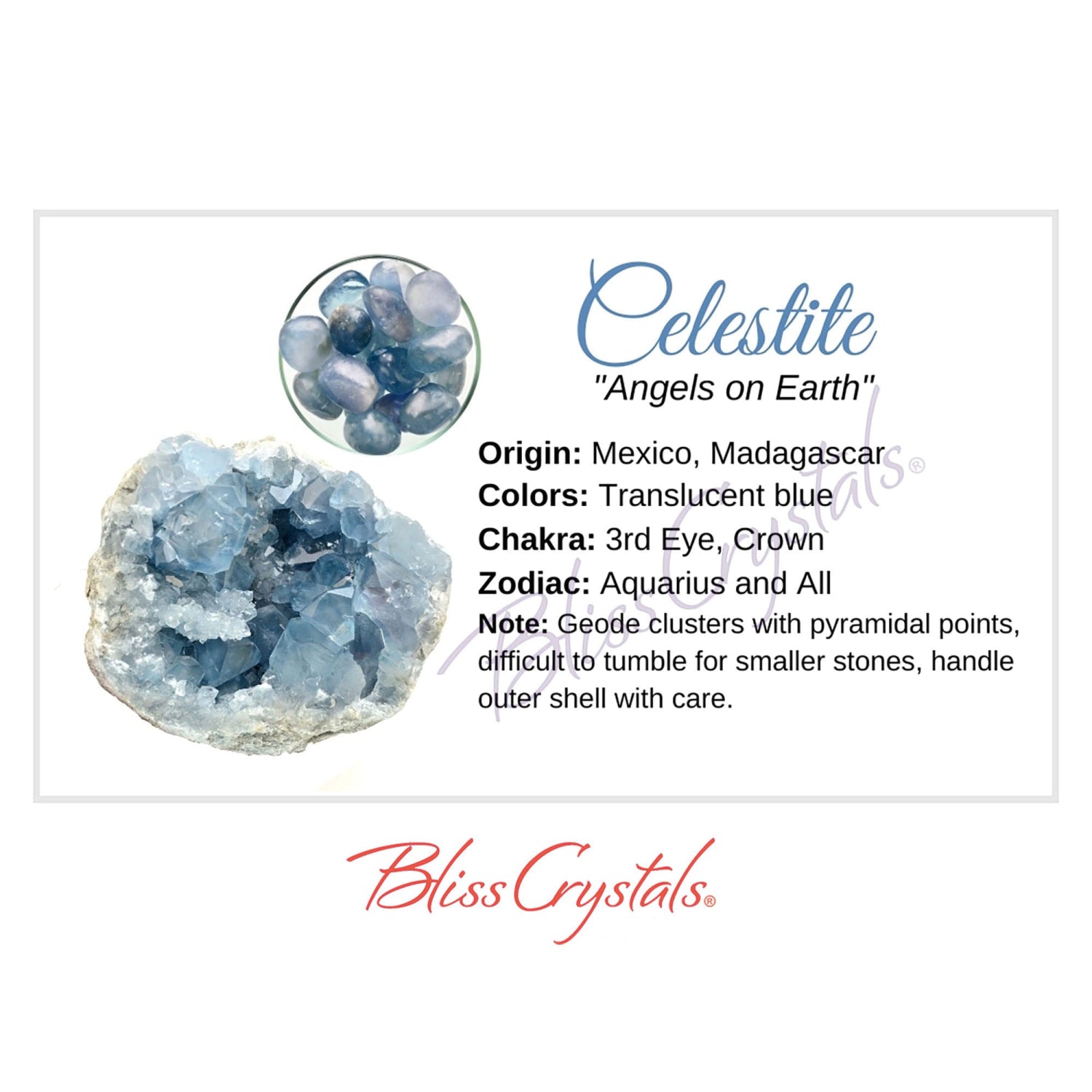Celestite Crystal Properties: Learn about colour and origin.