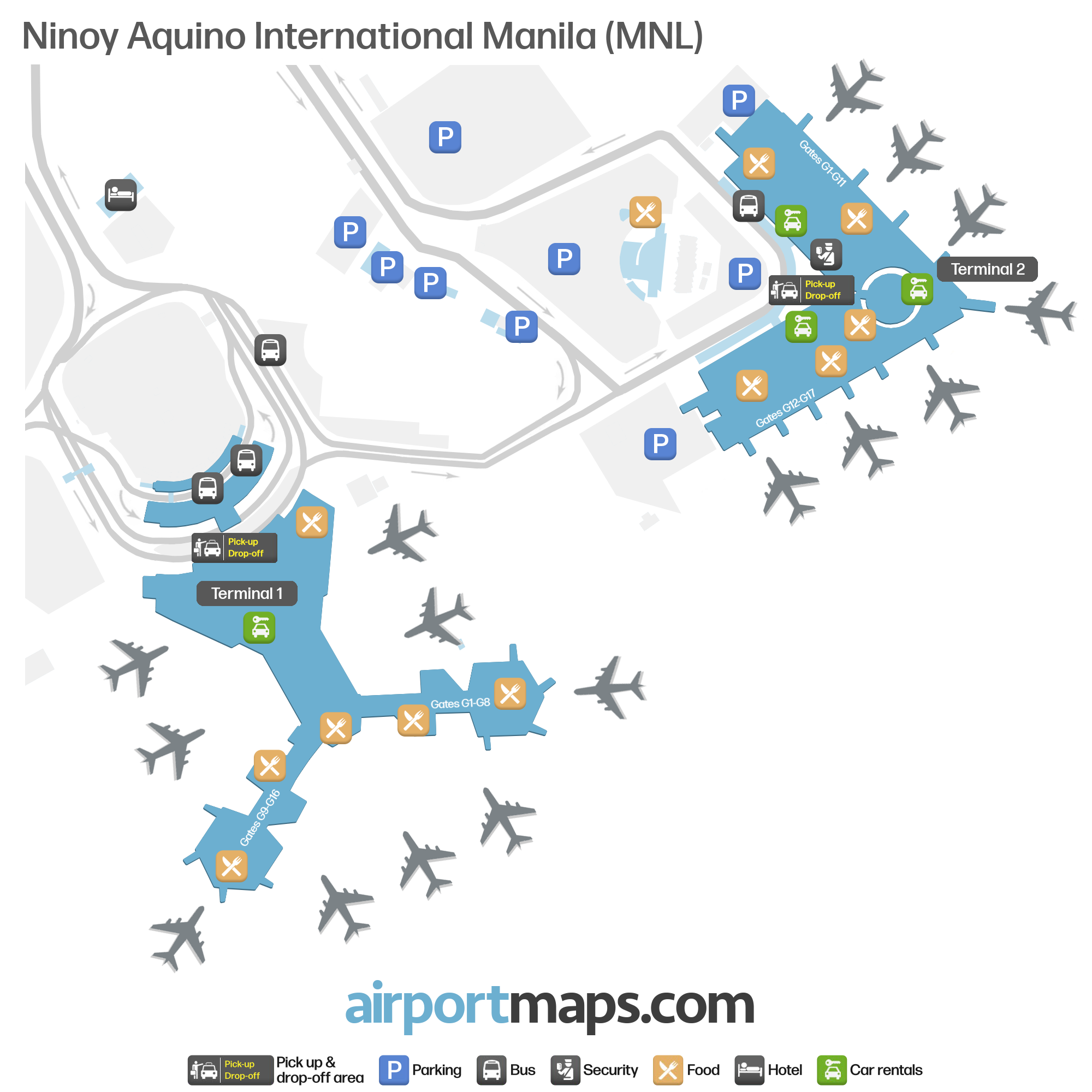 What are the key features of an mnl airport map? Our mnl airport map highlights essential locations.